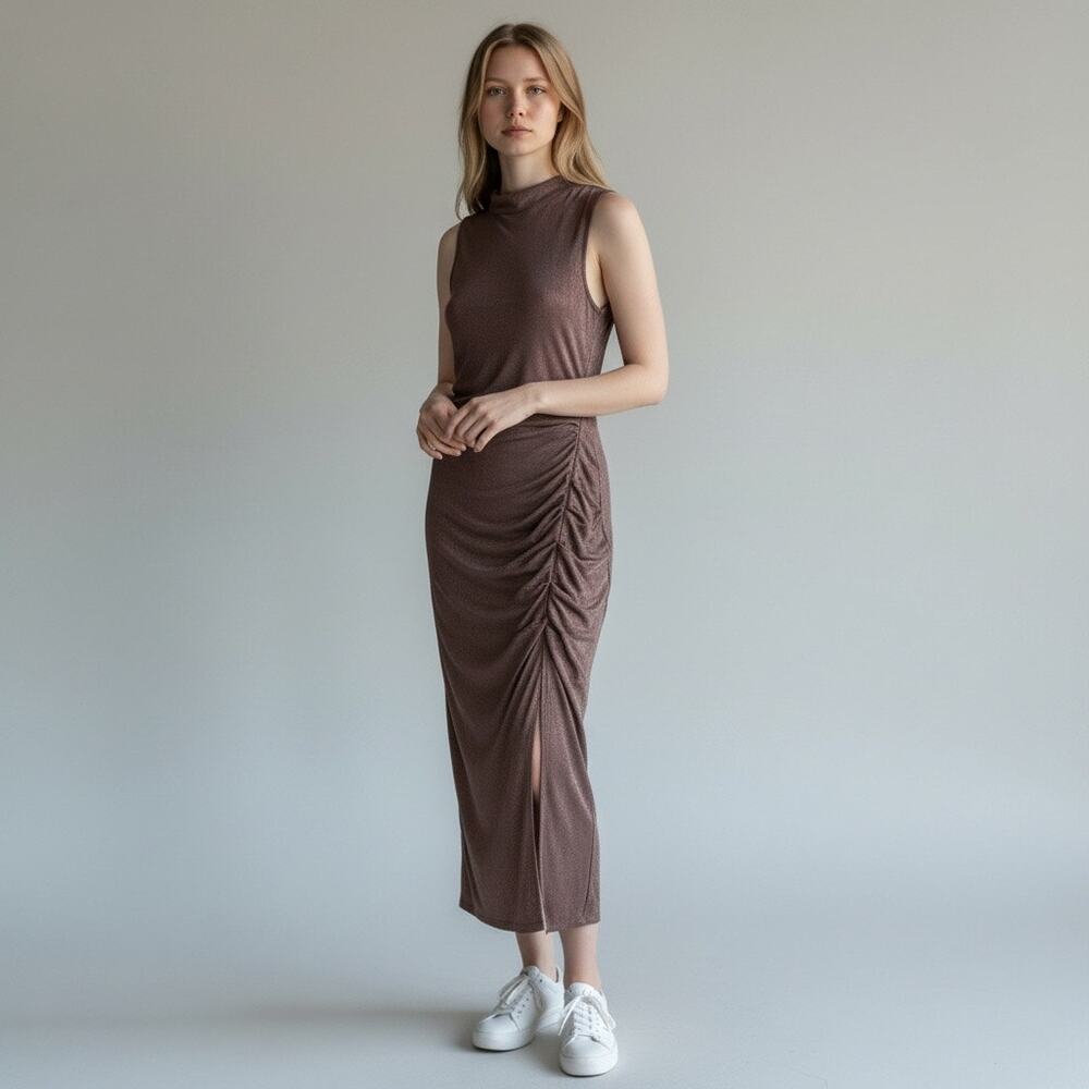 ASOS DESIGN Taupe Velour Ruched Side Slit Mock Neck‎ Midi Dress Sz 12